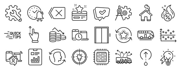 Set of Technology icons, such as Loyalty card, Cogwheel dividers, Education icons. Electricity bulb, Face id, Bus tour signs. Remove, Lift, Time management. Idea, Money loss, Home. Vector