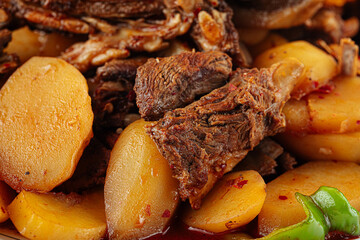 Closeup on uzbek dish kazan kabob with lamb and potatoes