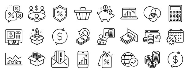 Set of Finance icons, such as Graph laptop, Dollar exchange, Euler diagram icons. Usd exchange, Meeting, Shop cart signs. Budget accounting, Coins, Calendar discounts. Discount tags. Vector