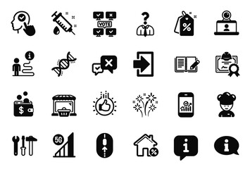 Vector Set of Business icons related to Reject, 5g wifi and Cooking chef icons. Select user, Swipe up and Online voting signs. Chemistry dna, Medical syringe and Online market. Certificate. Vector