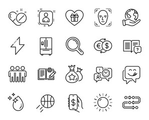 Fototapeta premium Vector set of Money exchange, Developers chat and Medical pills line icons set. Water drop, Sun energy and Instruction manual icons. Time management, Research and Energy signs. Vector