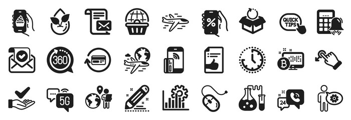 Set of Technology icons, such as Time, Drag drop, Organic product icons. 360 degrees, Airplane, Outsource work signs. Quick tips, Dermatologically tested, Seo graph. Cogwheel, Mail letter. Vector