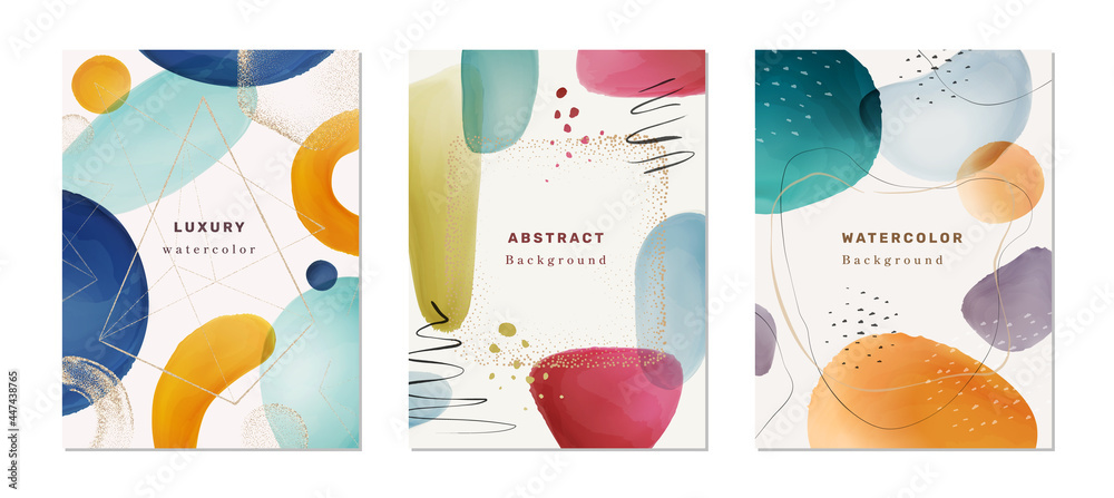 Poster watercolor covers with abstract design, blob and brush composition with inscriptions. geometric form