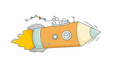 Sketch of working little people with flying pencil.