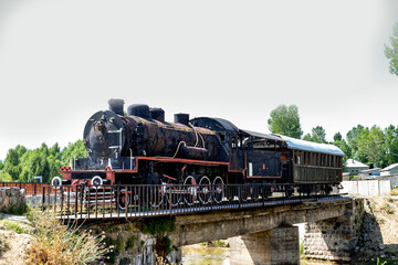 Two hundred years old train in muradiye district of van province. Turkey. locomotive in black color.