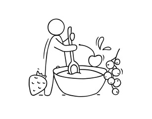 Cartoon man cooking porridge with berries.