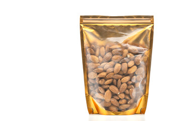 Almond nuts in window pouch packaging with uncleared plastic, zip-lock on top, gold colour packaging. Front view with blank space for a design label. The image is on white background.