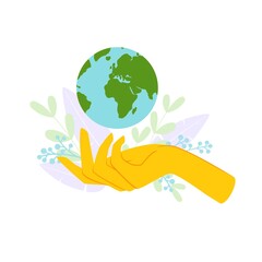 The hand holds the planet Earth. The concept of caring for the ecology and nature conservation. Vector illustration