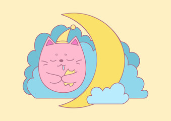 Vector illustration of a sleeping cat with a toy under the moon. Cartoon style. Pastel shades.