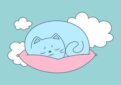 Vector illustration of a sleeping cat on a pillow in the clouds. Cartoon style. Pastel shades.