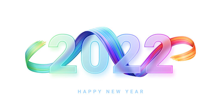 Happy New year transparent gradient glass numbers, blur, multicolored brushstroke, glassmorphism greeting card design element. Vector 2022 and glossy garland, Christmas holiday celebration
