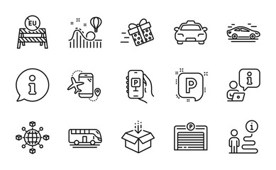 Transportation icons set. Included icon as Flights application, Parking app, Parking signs. Bus tour, Logistics network, Get box symbols. Taxi, Car, Eu close borders. Present delivery. Vector