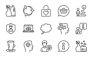 Line icons set. Included icon as Recycle, Messages, Comic message signs. Shampoo and spray, Person idea, Teacup symbols. Shopping cart, Online delivery, Recruitment. Cleanser spray. Vector
