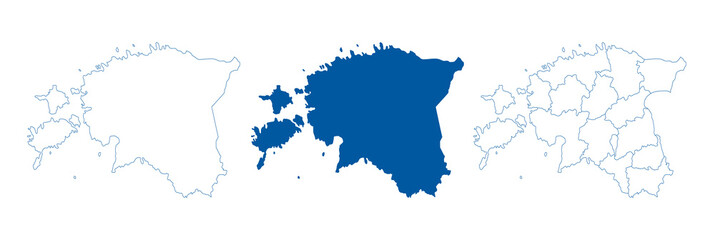 Estonia map vector. High detailed vector outline, blue silhouette and administrative divisions map of Estonia. All isolated on white background. Template for website, design. Vector illustration
