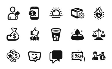 Vector set of Cashback, Rating stars and Ice tea icons simple set. Talk bubble, Yummy smile and Water bowl icons. Sallary, Discount coupon and Refer friend signs. Cashback simple web symbol. Vector