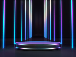 Empty pedestal for product show with colorful LED light in showroom. 3d rendering.