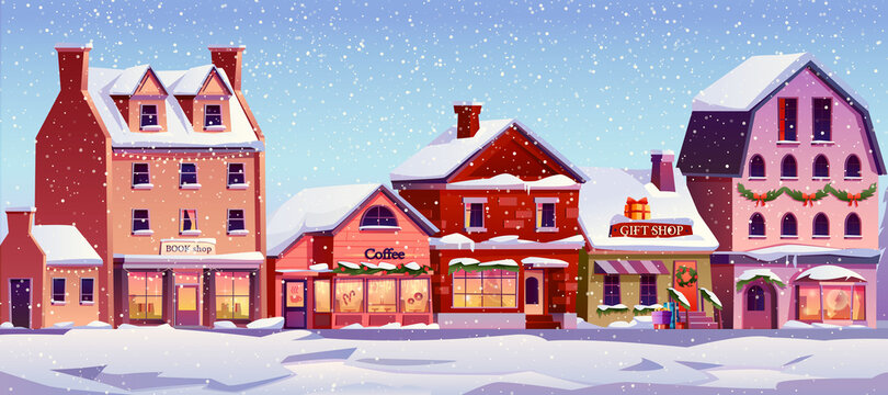 Christmas landscape street with decorated houses at day time, snowfall, snowy weather. Vector Xmas home buildings with chimneys, snow on ground, cafes and shops, urban city exterior
