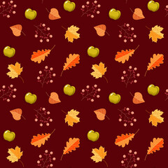 Autumn pattern with leaves, apples and  berries . Vector wallpaper.