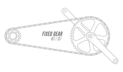 Vector black line bicycle crank with chain. Fixed gear. Single Speed. Isolated on white background.