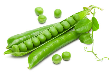 Fresh green pea pods with green peas isolated on white background. clipping path