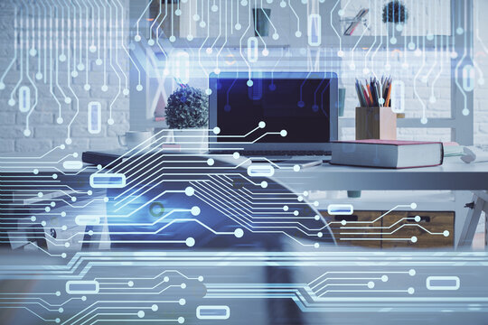 Double exposure of data theme drawing and office interior background. Concept of technology.