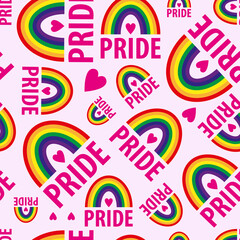 A vector seamless pattern of the words pride. Pride lesbian, gay, bisexual transgender, heart, rainbow on a pink background. Symbol of the LGBT community. For fabric, wallpaper, wrapping, websites.