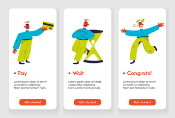 Template design for mobile app page with Pay, Wait and Congrats