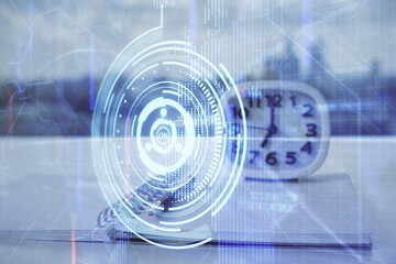 Obraz premium Multi exposure of data theme drawings and desk with open notebook background. Concept of education