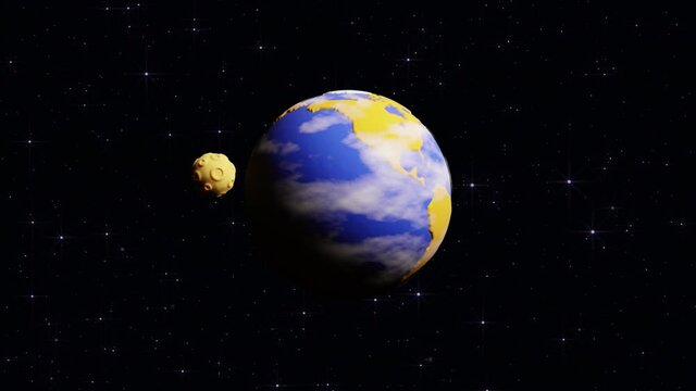 Planet earth with a rotating moon in space. Cartoon 3d earth. Looped animations with background and with alpha channel.