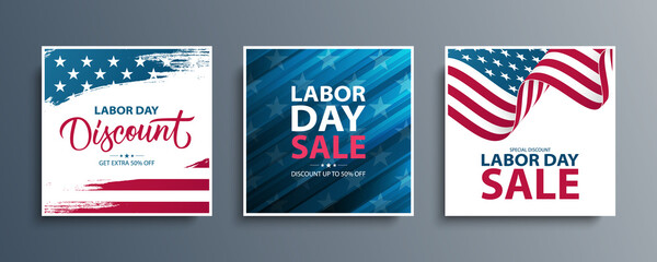 United States Labor Day Sale special offer promotional backgrounds set for business, advertising and holiday shopping. Labor Day sales events cards. Vector illustration. - obrazy, fototapety, plakaty