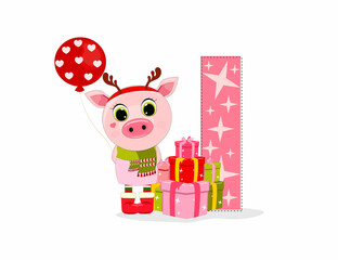 Cute Cartoon christmas piggy with letter I with gift boxes. Perfect for greeting cards, party invitations, posters, stickers, pin, scrapbooking, icons.