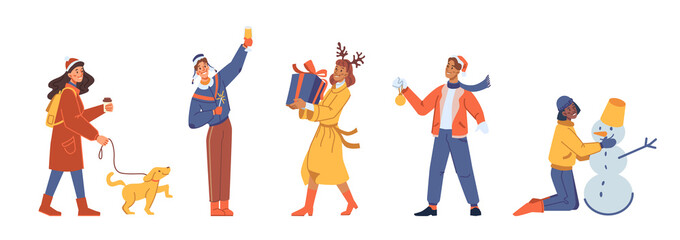 Fototapeta na wymiar New year people set isolated flat cartoon characters. Vector woman in warm coat walks with dog, man cheers raises glass of wine, people making snowman, lady with gift, guy hangs toy, multinational