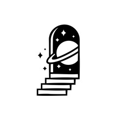 Space travel door icon. Planet and stars doorway symbol. Staircase to the galaxy portal tattoo. Vector illustration.