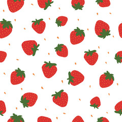 Seamles strawberry pattern isolated on white background, green leaves, vector illustration.Delicious berries background. Suitable for kids textile, wrapping, wallpaper.