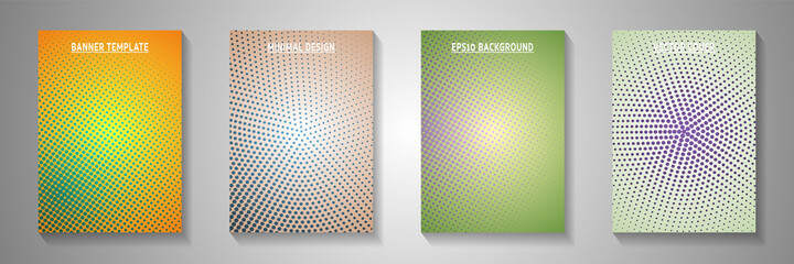 Minimal point perforated halftone cover templates vector batch. Urban brochure faded halftone