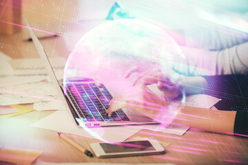 Double exposure of woman hands typing on computer and technology theme drawing. High Tech concept.