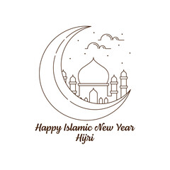 Happy islamic new year hijri monoline or line art style vector illustration