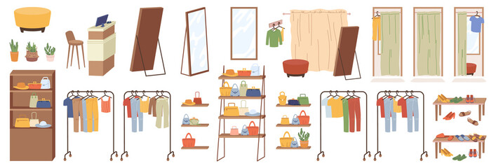 Accessories, elements of shop furniture clothing isolated flat cartoon icons set. Vector large wardrobes closets with fashion cloth, hangers with hanging dress, shirts, trousers, mirrors, fitting room