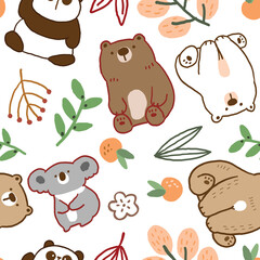 Seamless Pattern with Cartoon Bear, Koala and Panda Illustration Design on White Background
