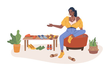 Shopper woman trying on best pair of shoes sitting on cosy chair in shop or store isolated flat cartoon character. Vector pretty choose perfect pair, pouf and table with modern sneakers, footwear