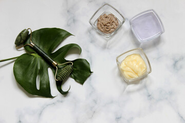 Set massage tools for beauty facial therapy, Skin Care Anti-Aging Tools such as Green Quartz Mushrooms