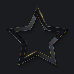 Black glass star with golden frame lines on black background. Geometric design vector illustration. Empty minimal border, abstract art decoration