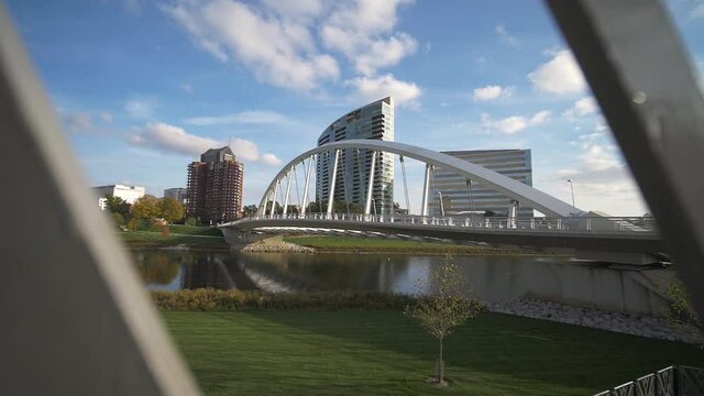 Main Street Bridge, Columbus, Oho USA. Revealing View Behind Fence on Sunny Day