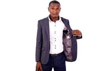 young business man showing inside his jacket.