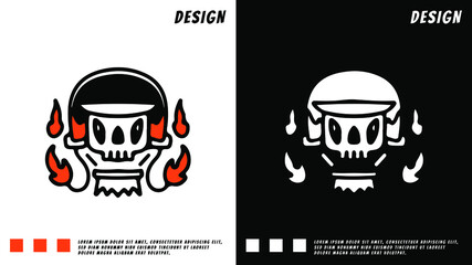 rider skull head with helmet and fire element, illustration for t-shirt, poster, sticker, or apparel merchandise. With cartoon style.