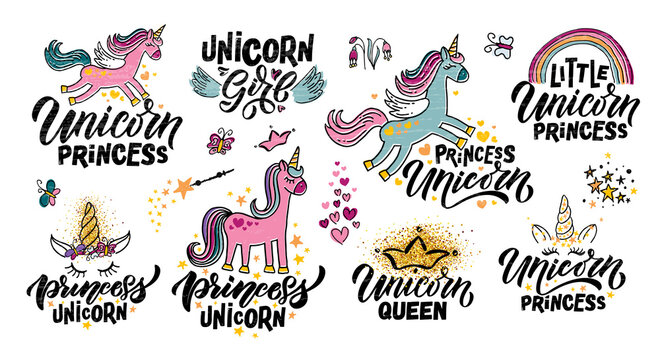 Hand sketched unicorn vector illustration with lettering typography quotes. Motivational quotes concept for children t-shirt print. Unicorn logotype, badge, icon. Unicorn logo, banner, flyer. eps 10