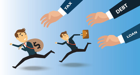 A vector illustration of businessman running away from tax , loan and debt for crisis  business concept. vector