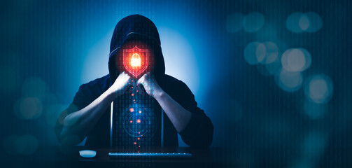 Hacker and Internet technology Crime with digital abstract hologram data background. Concept of Online information privacy, identity theft and Cyber Security