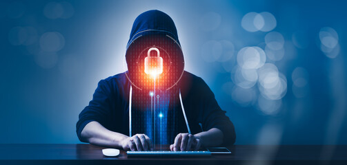 Hacker and Internet technology Crime with digital abstract hologram data background. Concept of Online information privacy, identity theft and Cyber Security