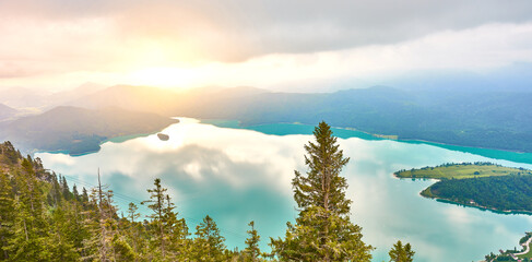 Lake Walchensee at sunrise in Bavaria in Germany. Seen from above.